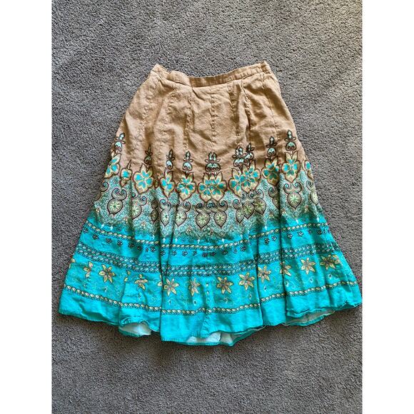 Coldwater Creek Colorful Boho Linen Blend Floral Sequin Bead Midi Skirt- Size M - Picture 4 of 7